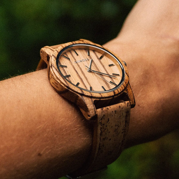 Zebra Wood Watch with Real Portuguese Natural Cork Wristband