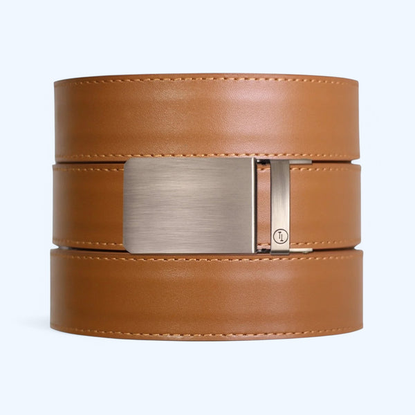 British Tan Top Grain Leather Ratchet Belt + Buckle Set
