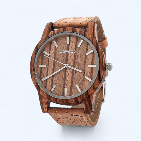 GOWOOD- Zebra Wood Watch with Real Portuguese Natural Cork Wristband